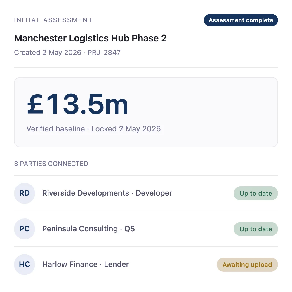 Initial assessment: shared project record across QS firms, lenders and developers