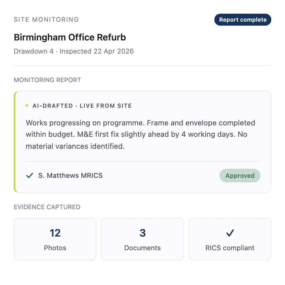Active monitoring: AI-drafted RICS-compliant report from site with evidence captured