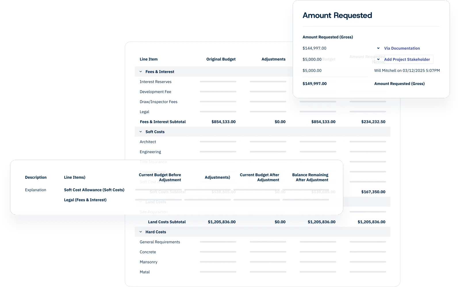 Variation and contract register showing contractor exposure against contingency
