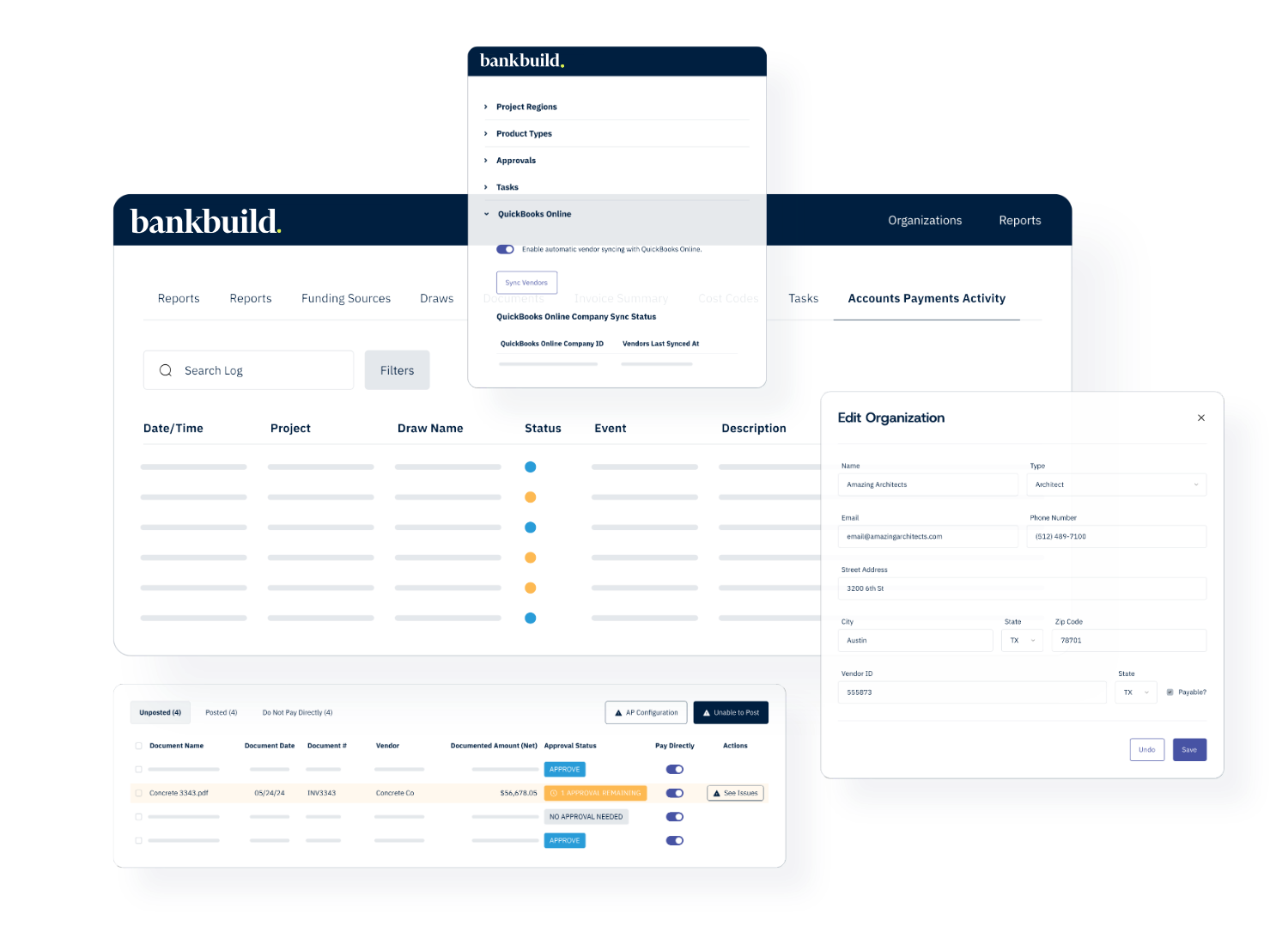 BankBuild platform showing drawdown management, document approvals, and organisation settings